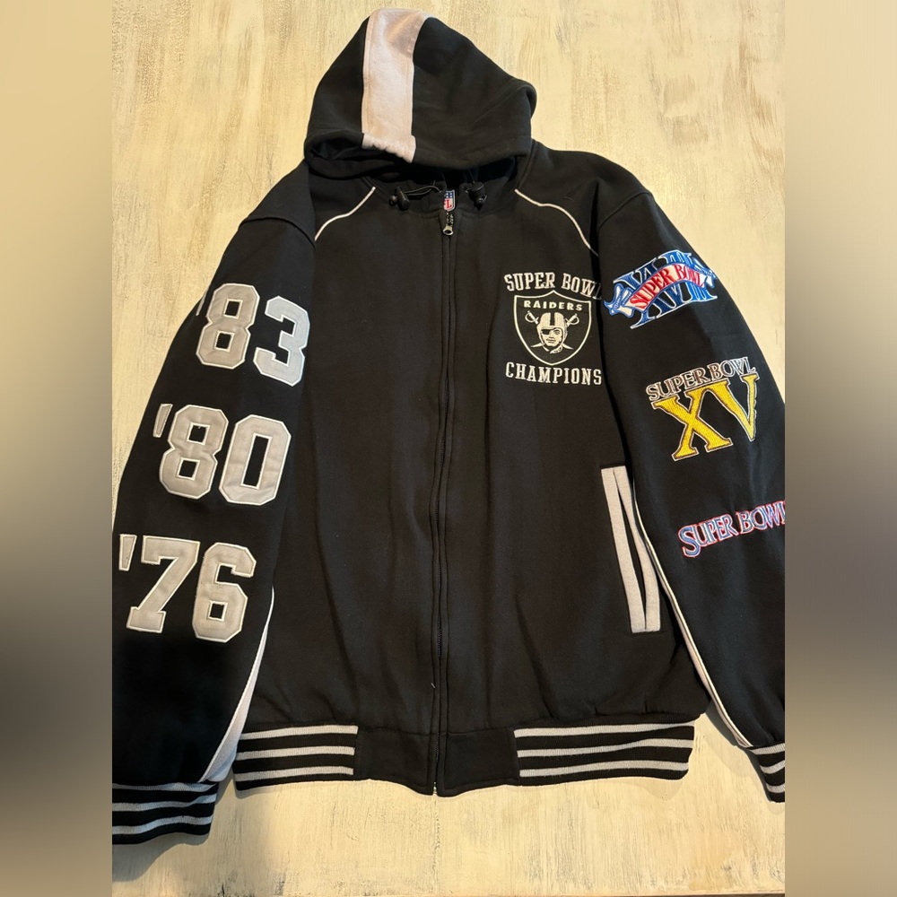 Super Bowl Raiders Black Full-Zip Hoodie Varsity Jacket - L Excellent Condition